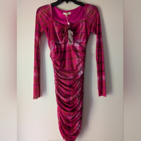 Chelsea & Violet Long Sleeve Plaid Printed Rosette Mesh Dress - Picture 5 of 7